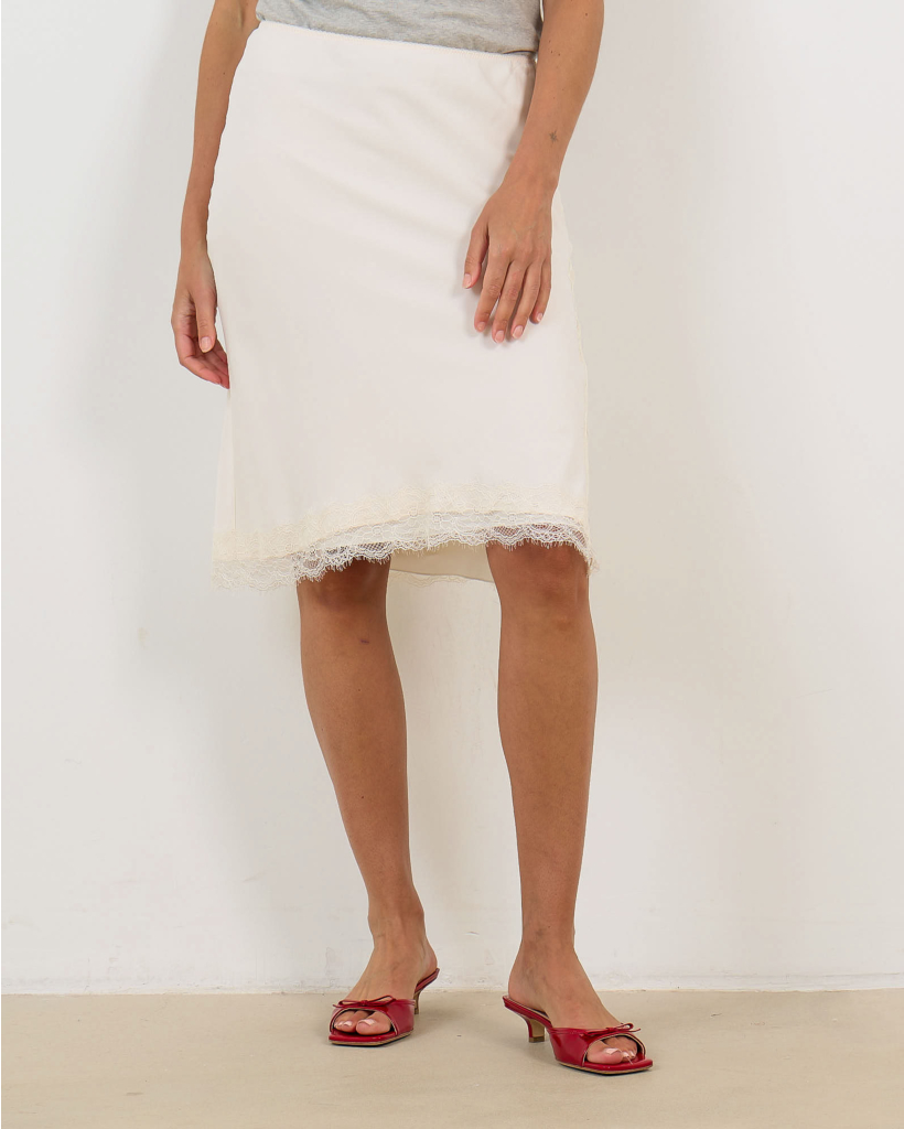 Rechte Satijnmix Midi Rok met Kant Off White