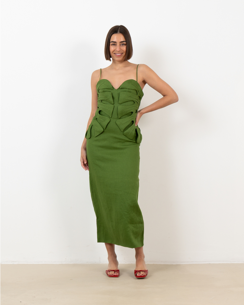  Linnen Maxi Jurk Monstera Groen