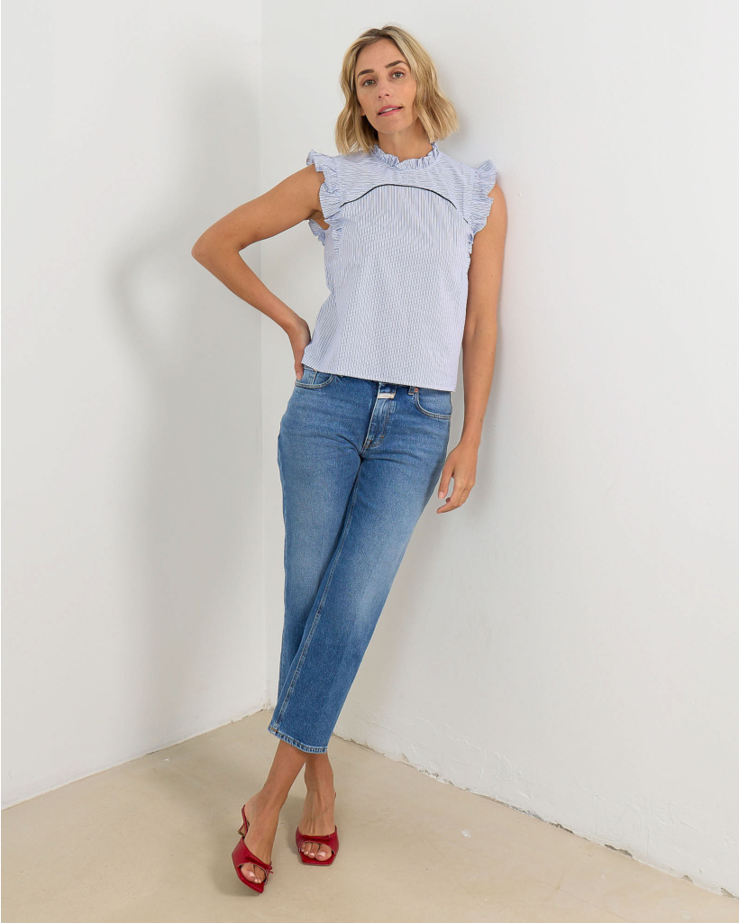 Maybel Gestreepte Mouwloze Poplin Blouse Blauw/Wit