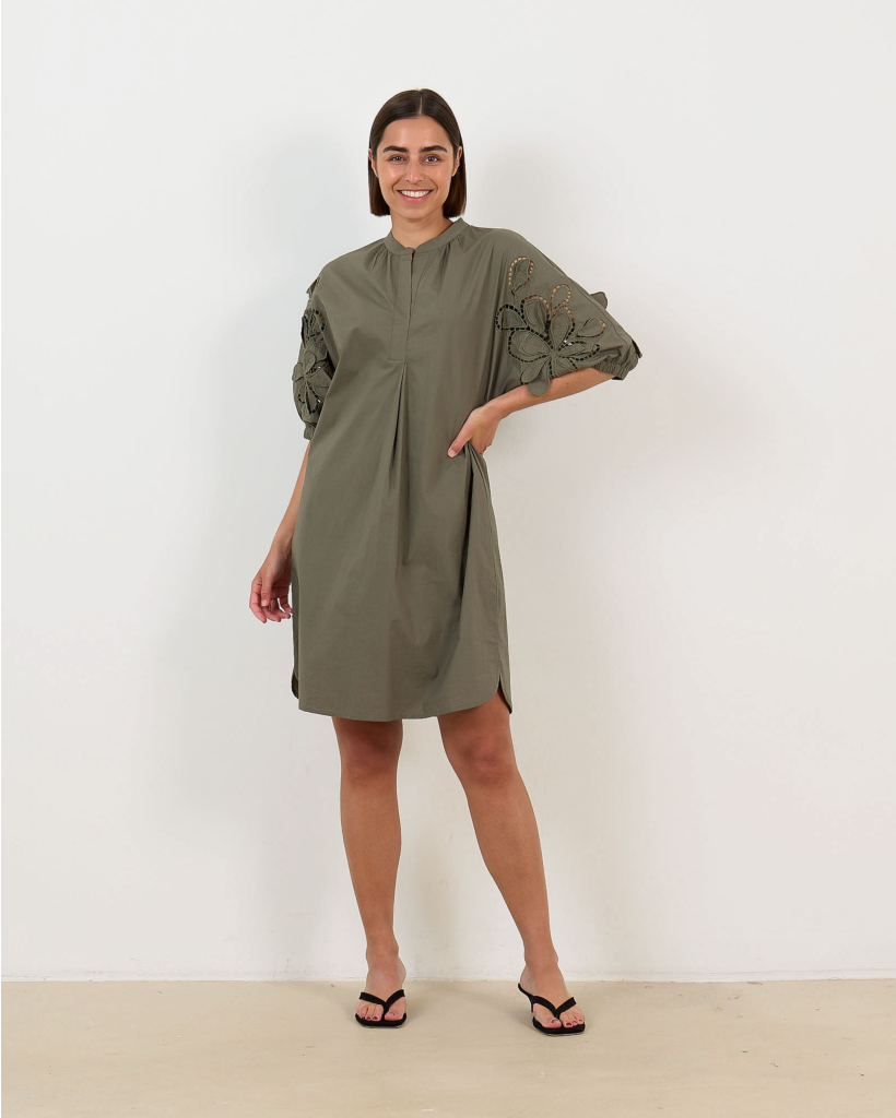 Korte Mouw Broderie Midi Jurk Khaki