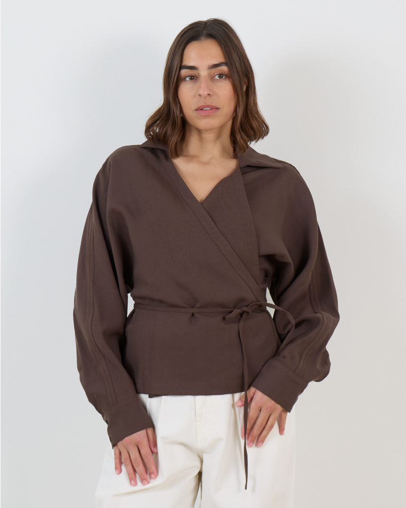 Heloa Wrap Blouse Lange Mouw Donker Bruin