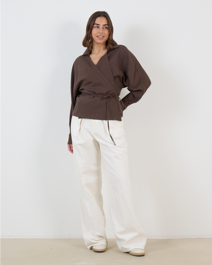 Heloa Wrap Blouse Lange Mouw Donker Bruin