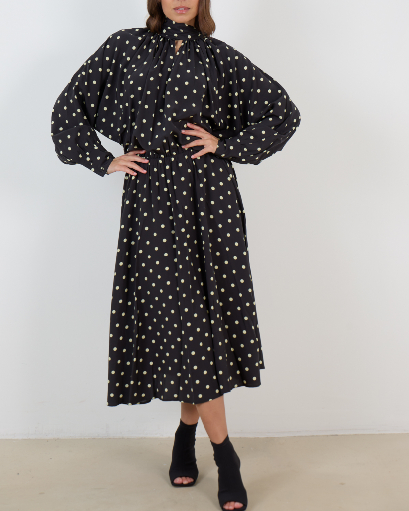 Susan Midi Jurk Lange Mouw Zwart Stippen