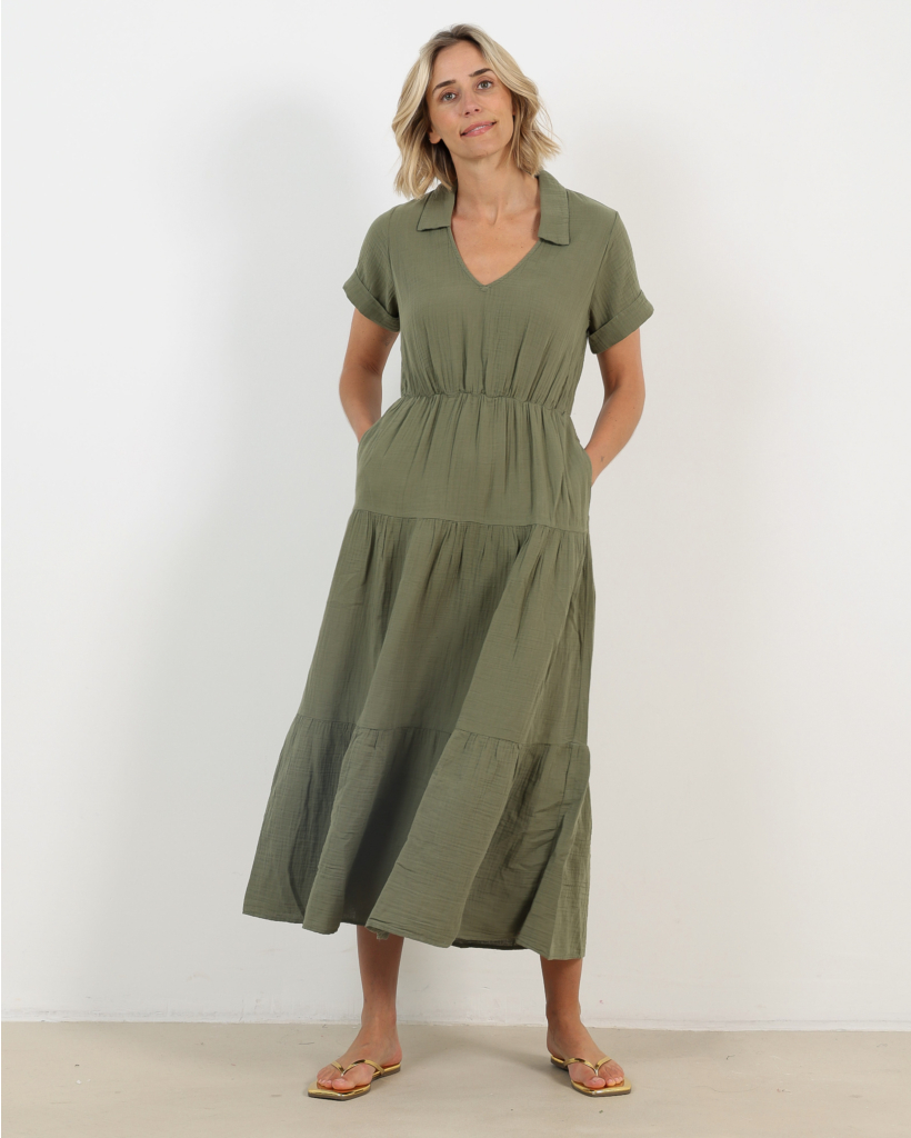 Larissa Mousseline Jurk Olive Moss