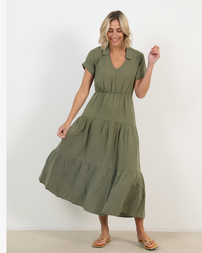 Larissa Mousseline Jurk Olive Moss