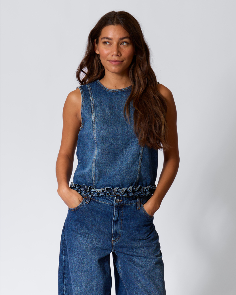 Madie Denim Top met Volants Donkerblauw