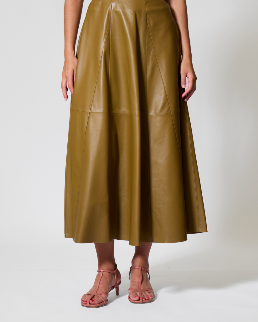 A-lijn Leren Midi Rok Dark Olive