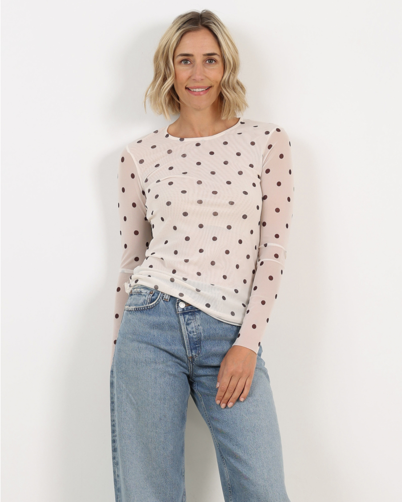 Jodie Polkadot Mesh Top Ecru/Bruin