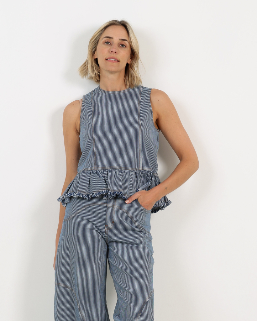 Madinel Mouwloze Peplum Top Denim Stripe