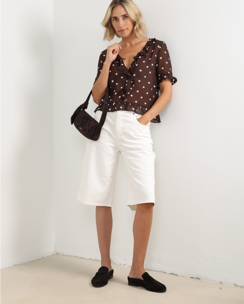 Madicen Polkadot Blouse met Ruffles Bruin/Ecru