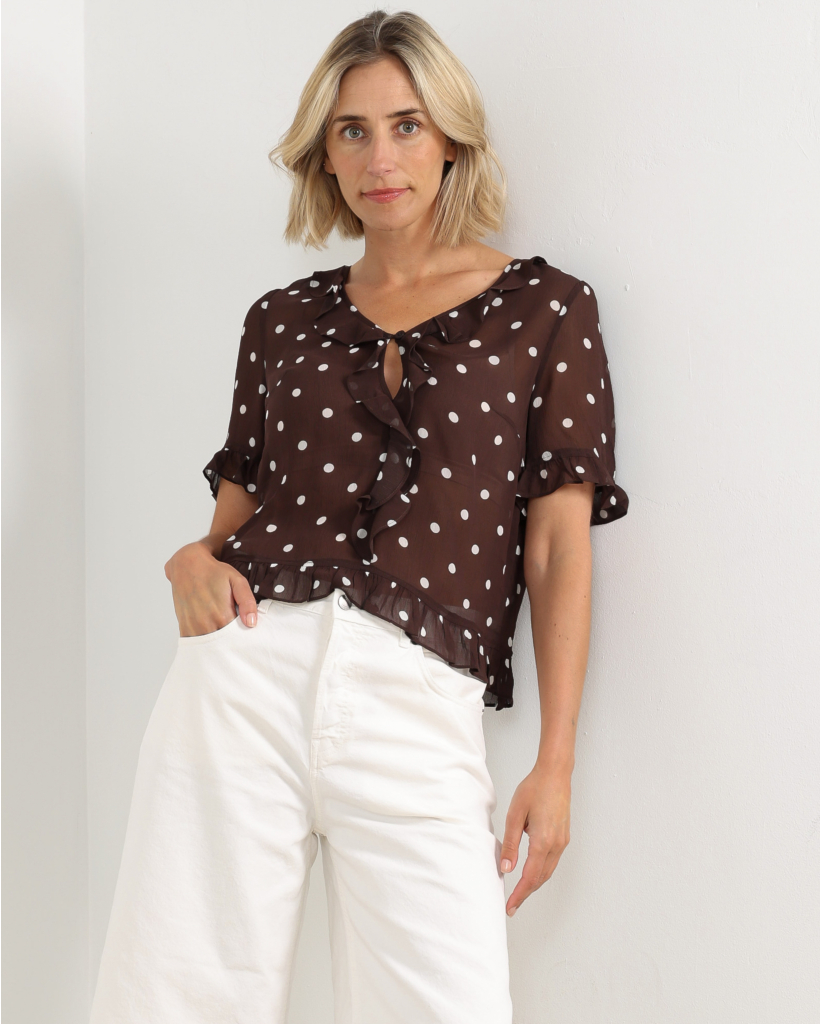 Madicen Polkadot Blouse met Ruffles Bruin/Ecru