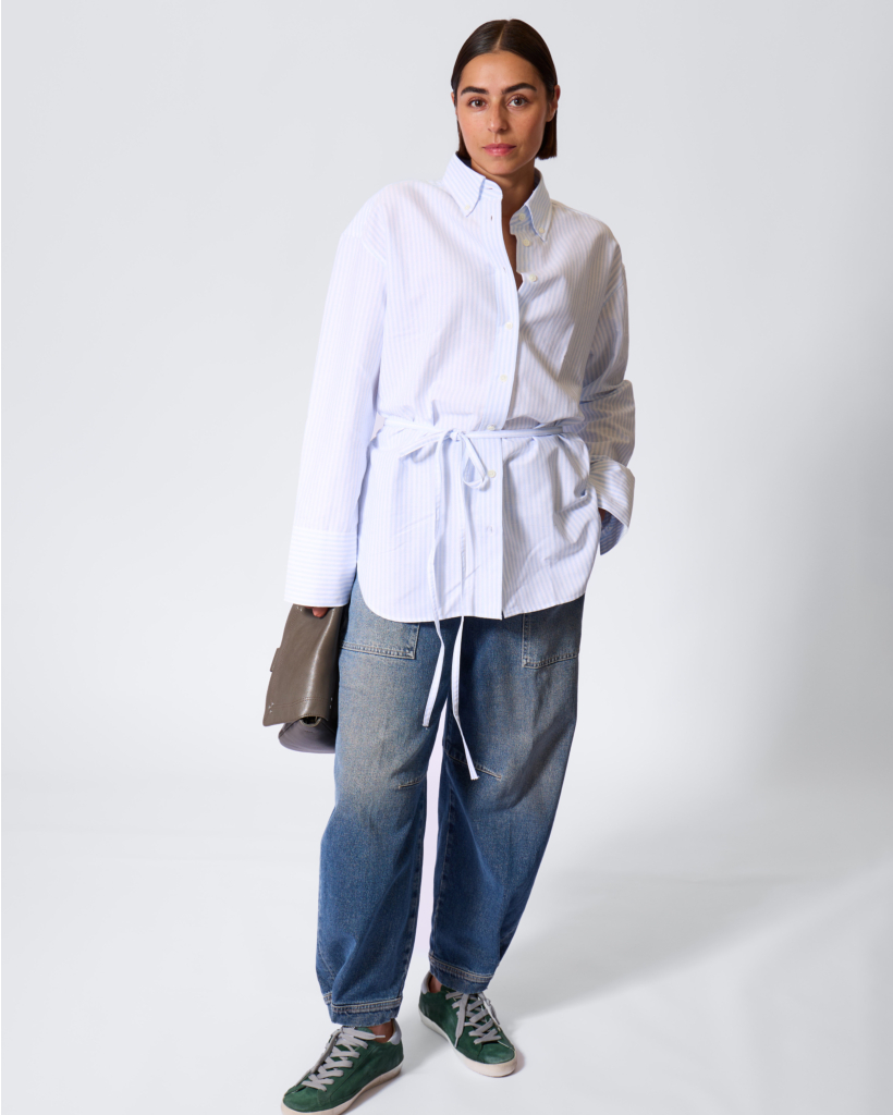 Oxford Gestreepte Blouse met Ceintuur Powder Blue