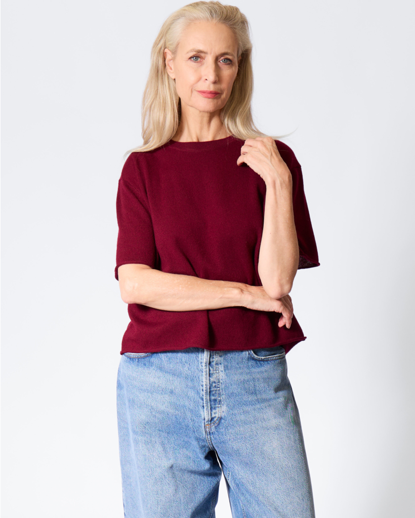 Cila Cashmere Korte Mouw Trui Deep Plum