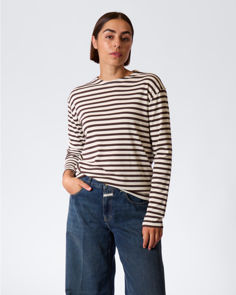 Gestreepte Longsleeve Ecru/Mahogany Brown