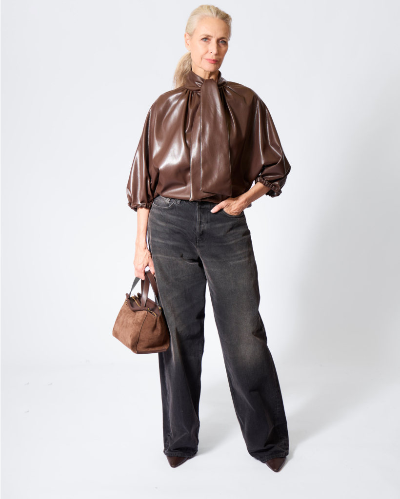 Leerlook Blouse met Sjaal Espresso
