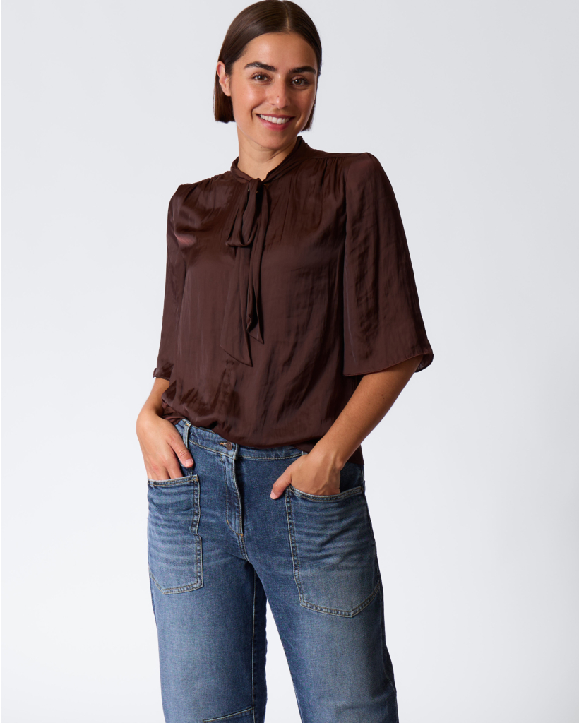 Satijnen Blouse met Strikkraag Marone