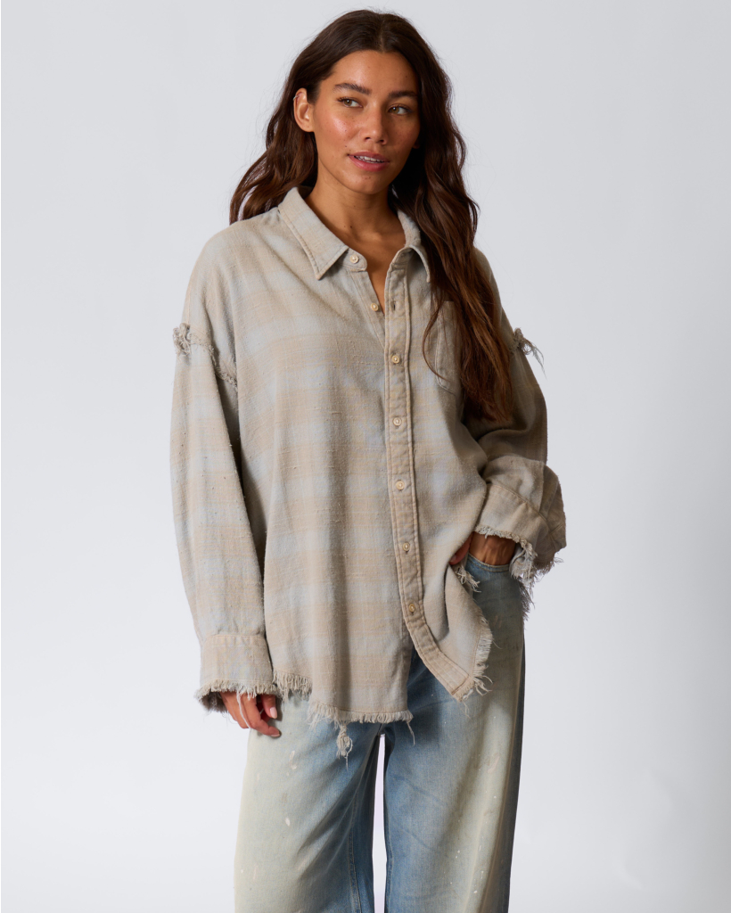 Shredded Seam Drop Neck Shirt Faded Blue Plaid