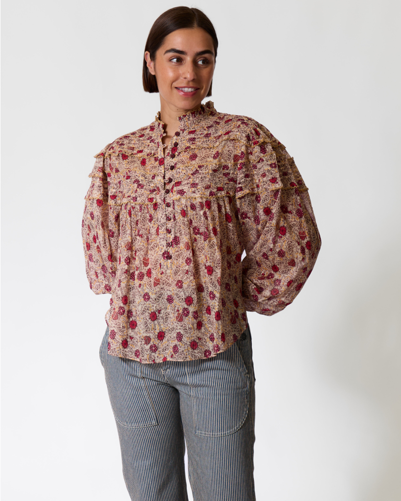 Doane Blouse met Bloemenprint Ecru/Raspberry