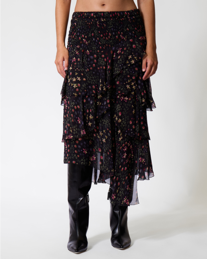 Brigitte Midi Rok met Bloemenprint Zwart/Ecru