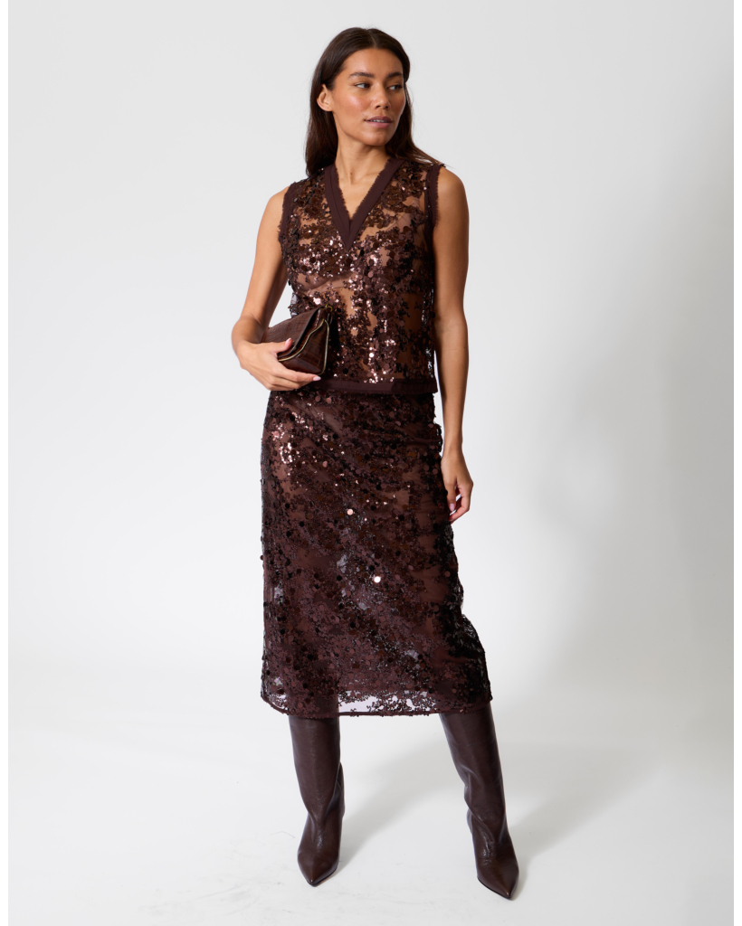 Shania Mesh Rok met Pailletten Coffee Bean