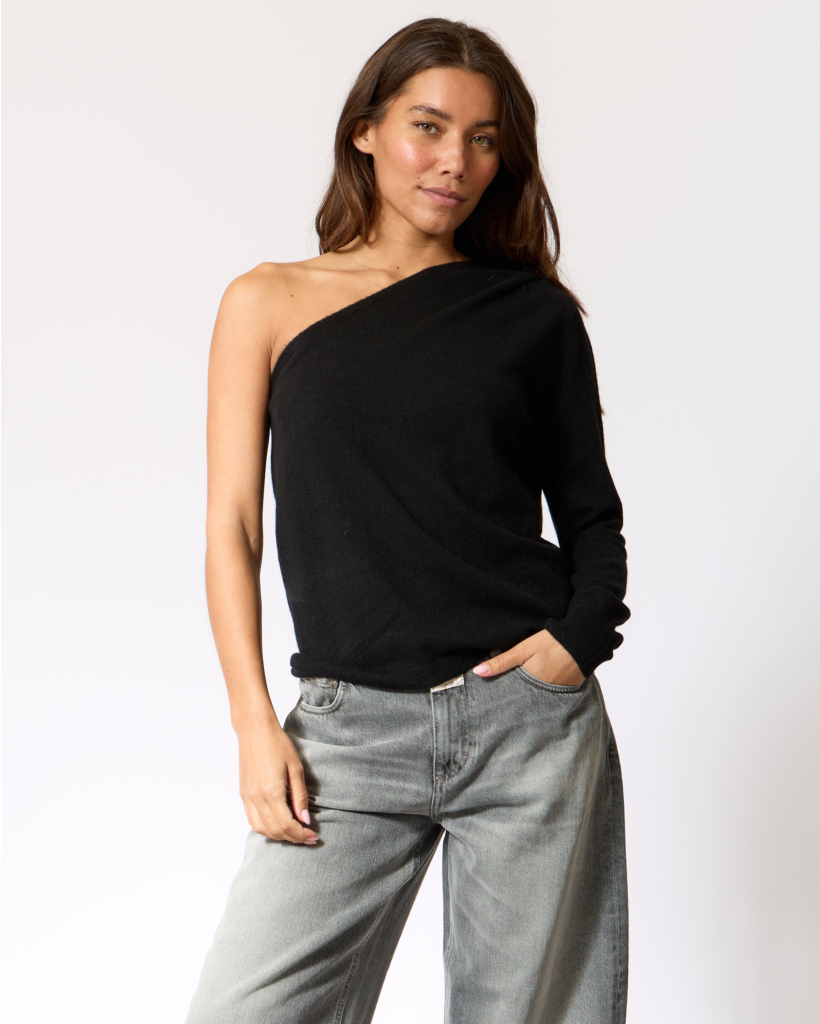 Yolaine Cashmere One Shoulder Knit Zwart