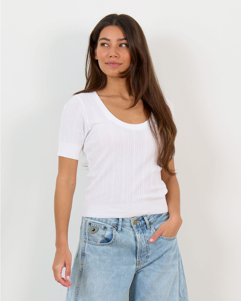 Lirella Slim Fit T-Shirt met Ajourpatroon Wit