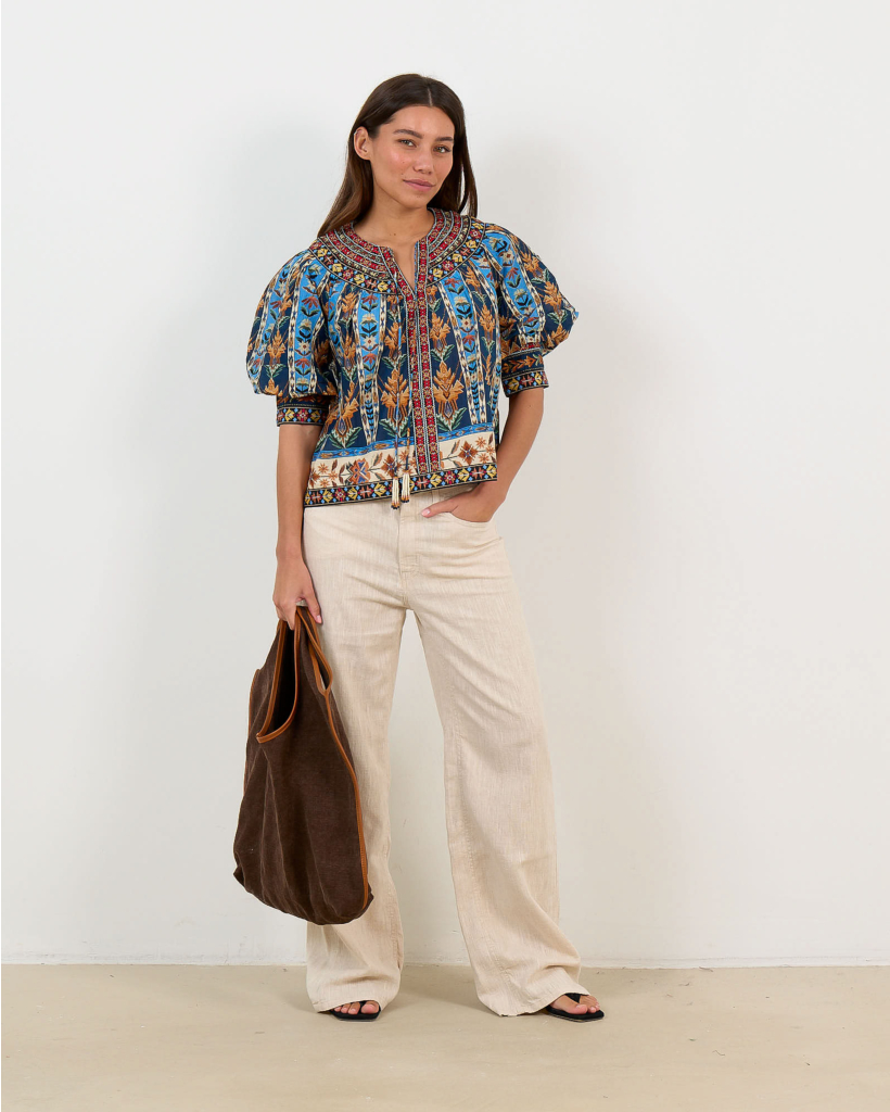 Geborduurde Blouse met Tassels en Pofmouwen Blauw