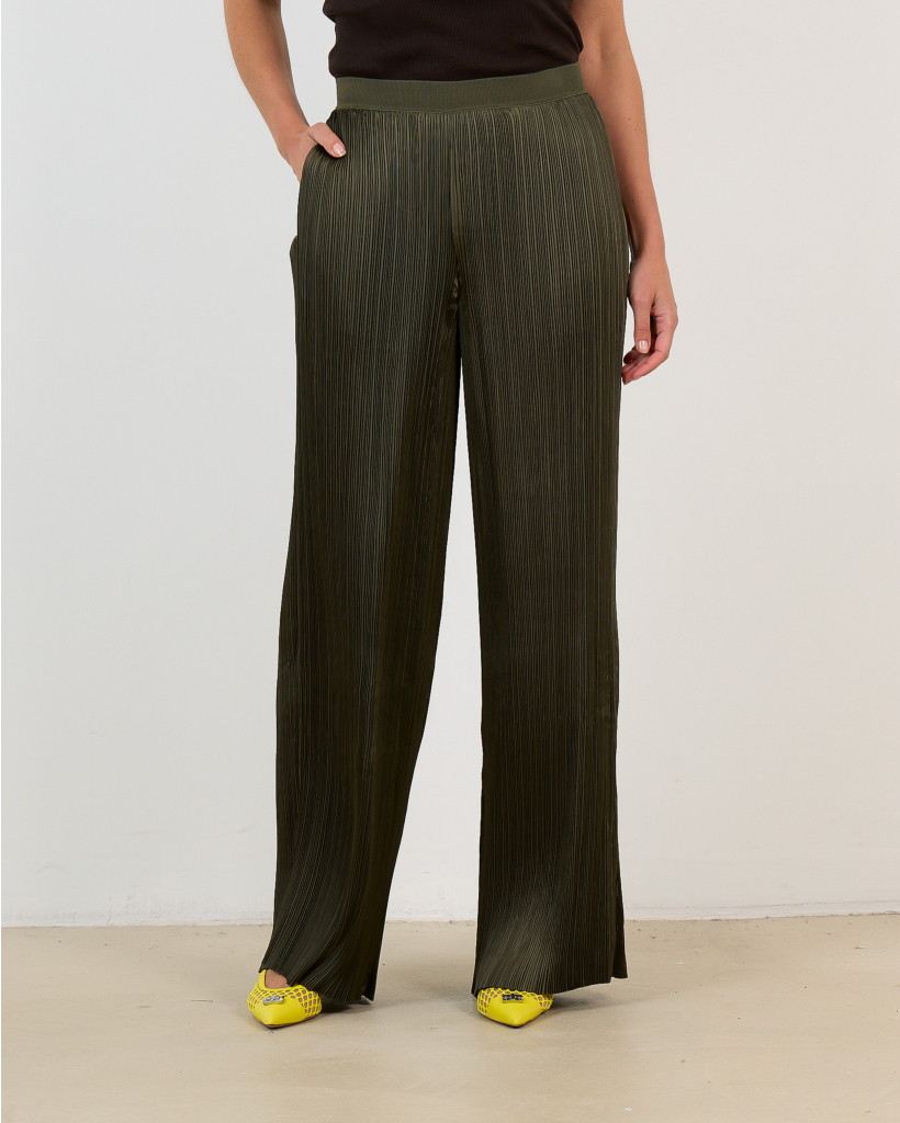 Satijnen Amber Geplooide Wide-Leg Pantalon Groen