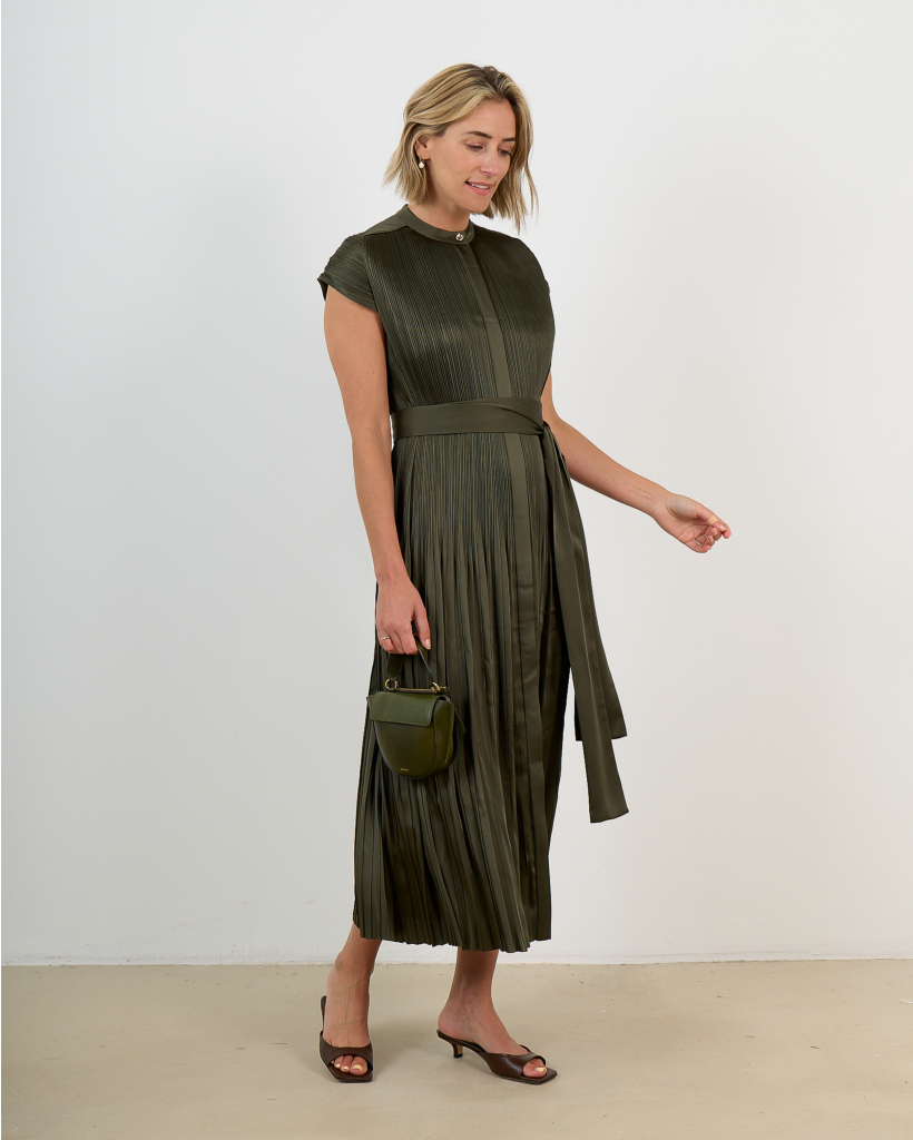 Phare Geplooide Satijnen Midi Jurk Groen