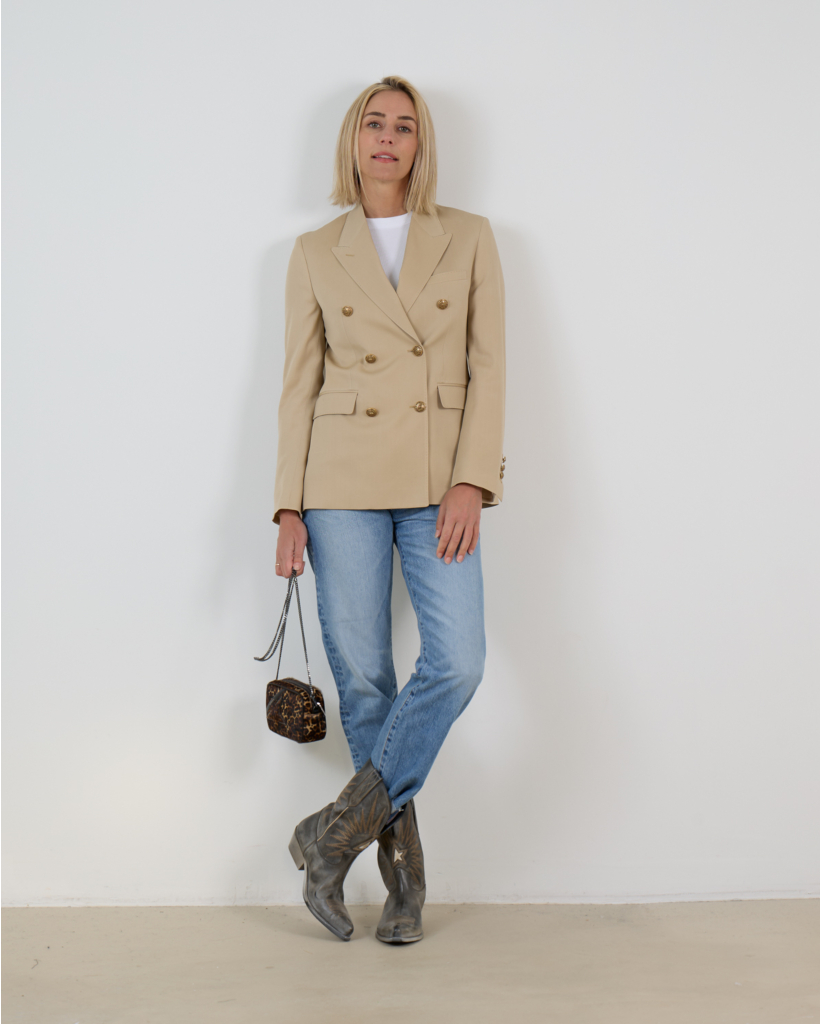 Wollen Double-Breasted Blazer met Gouden Heraldiek Knopen Zand