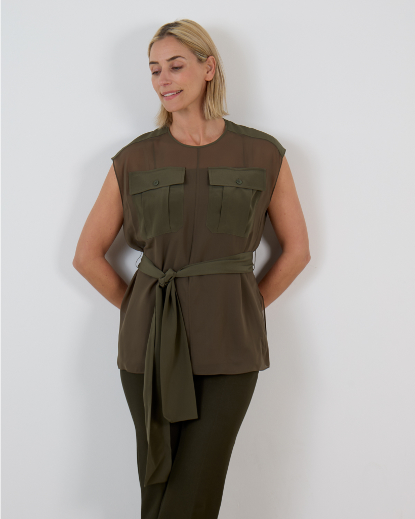 zijden crêpe de soie Mouwloze blouse Kaki 