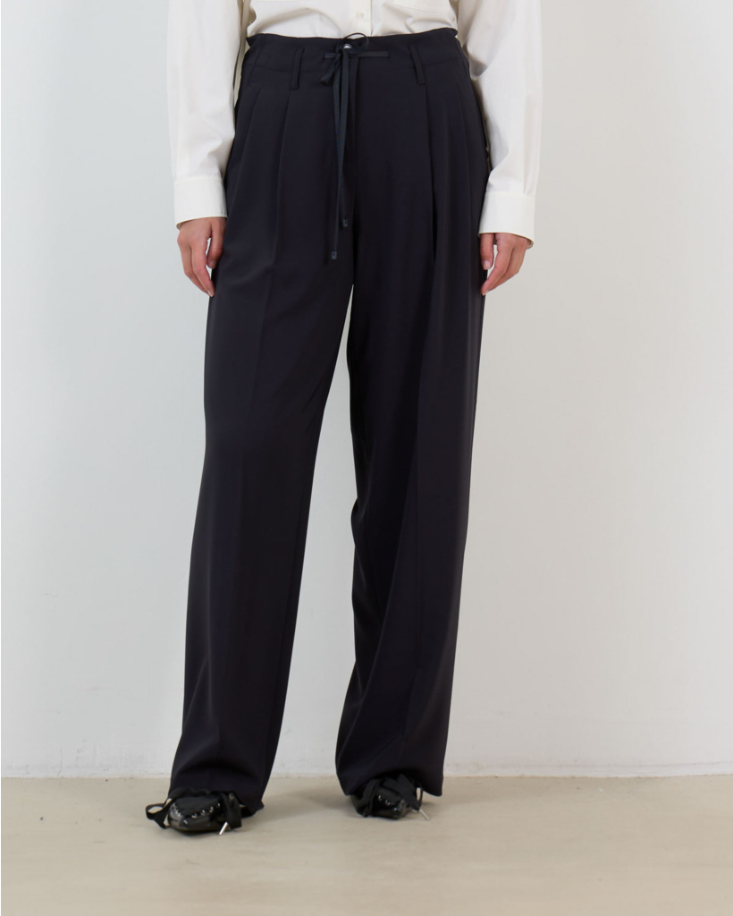 Addison Wide Leg Geplooide Pantalon met Trekkoord Navy