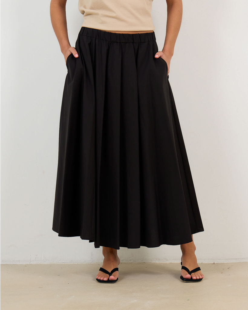 Poplin en Nylon Midi Rok Zwart