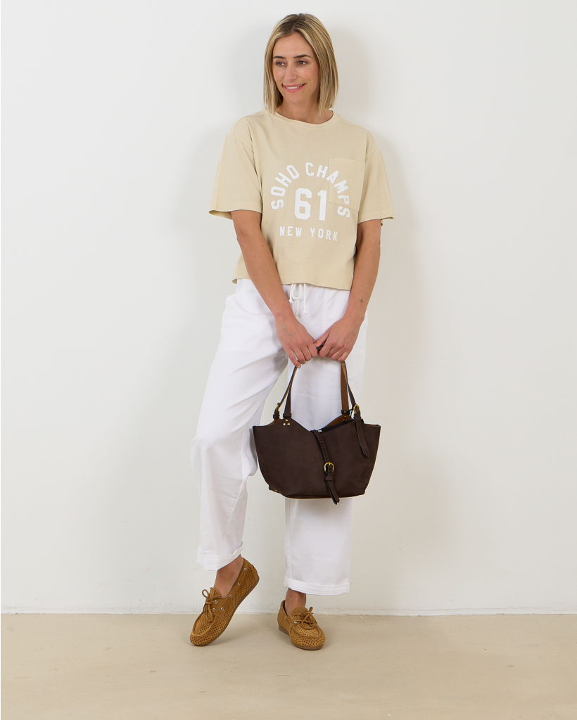 Textured Varsity T-Shirt Beige