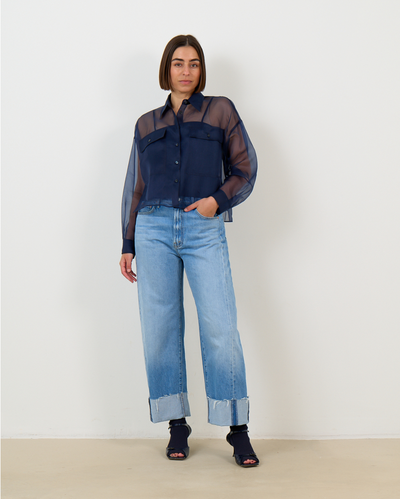 High Waist Jeans met Omslag Blauw