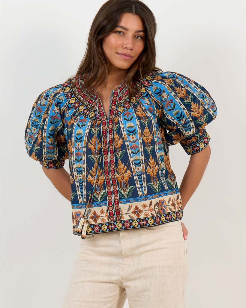 Geborduurde Blouse met Tassels en Pofmouwen Blauw