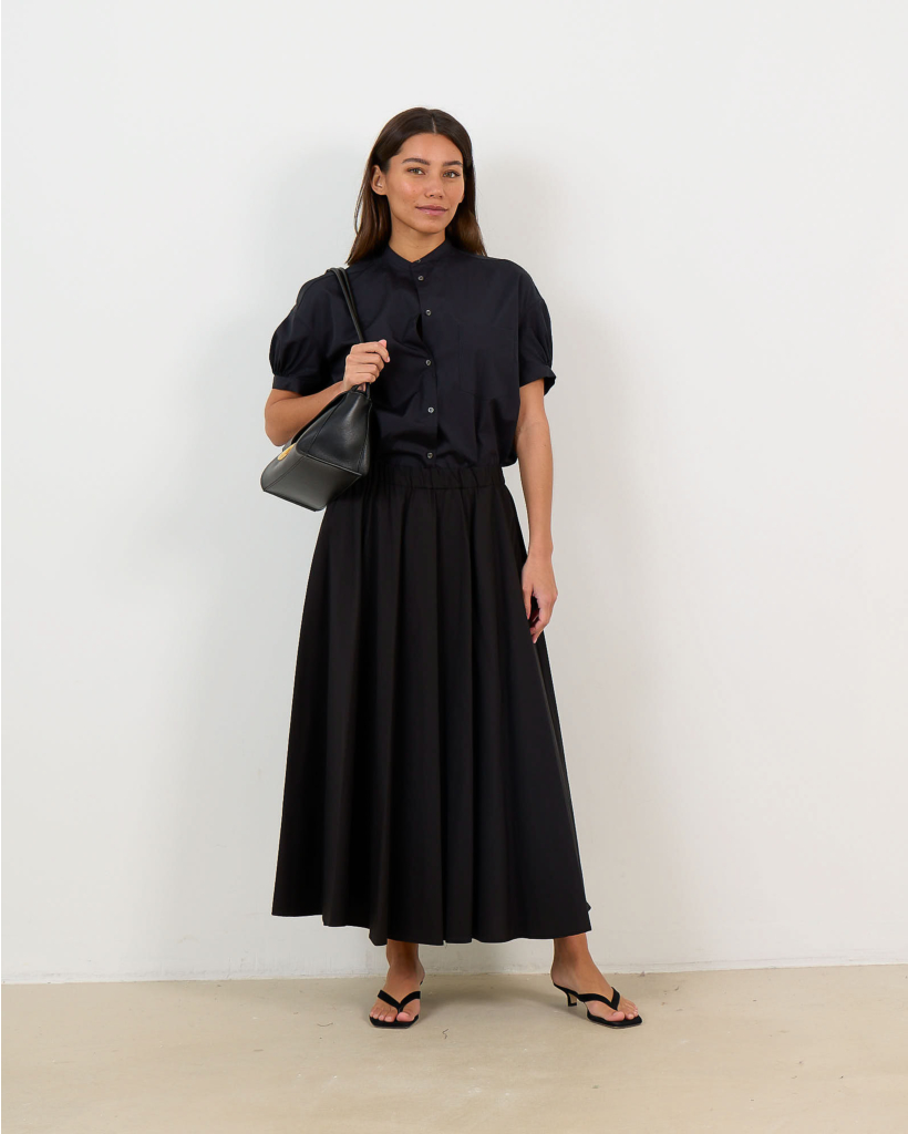 Poplin en Nylon Midi Rok Zwart