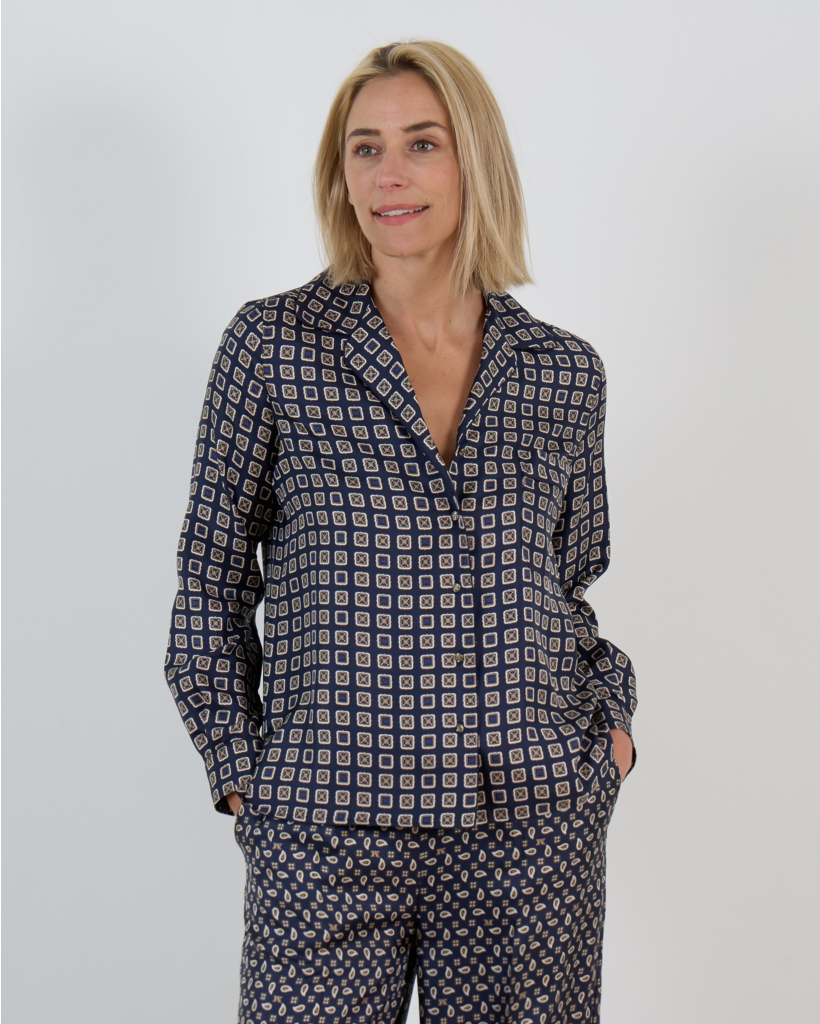 Semi-aansluitende Zijden Blouse met Print Navy