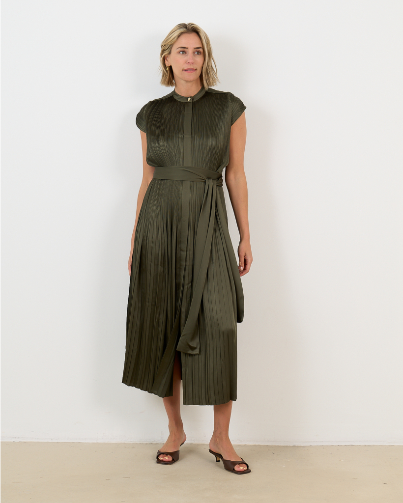 Phare Geplooide Satijnen Midi Jurk Groen