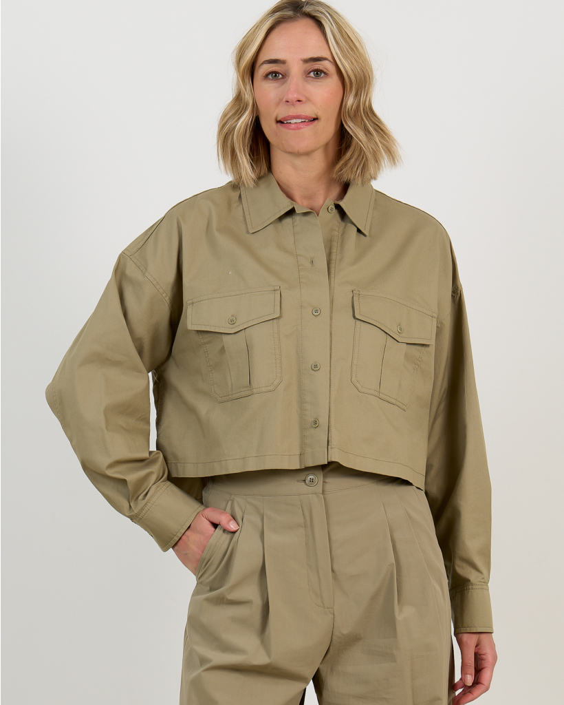 Boxy Cotton Panama Shirt Olive Green