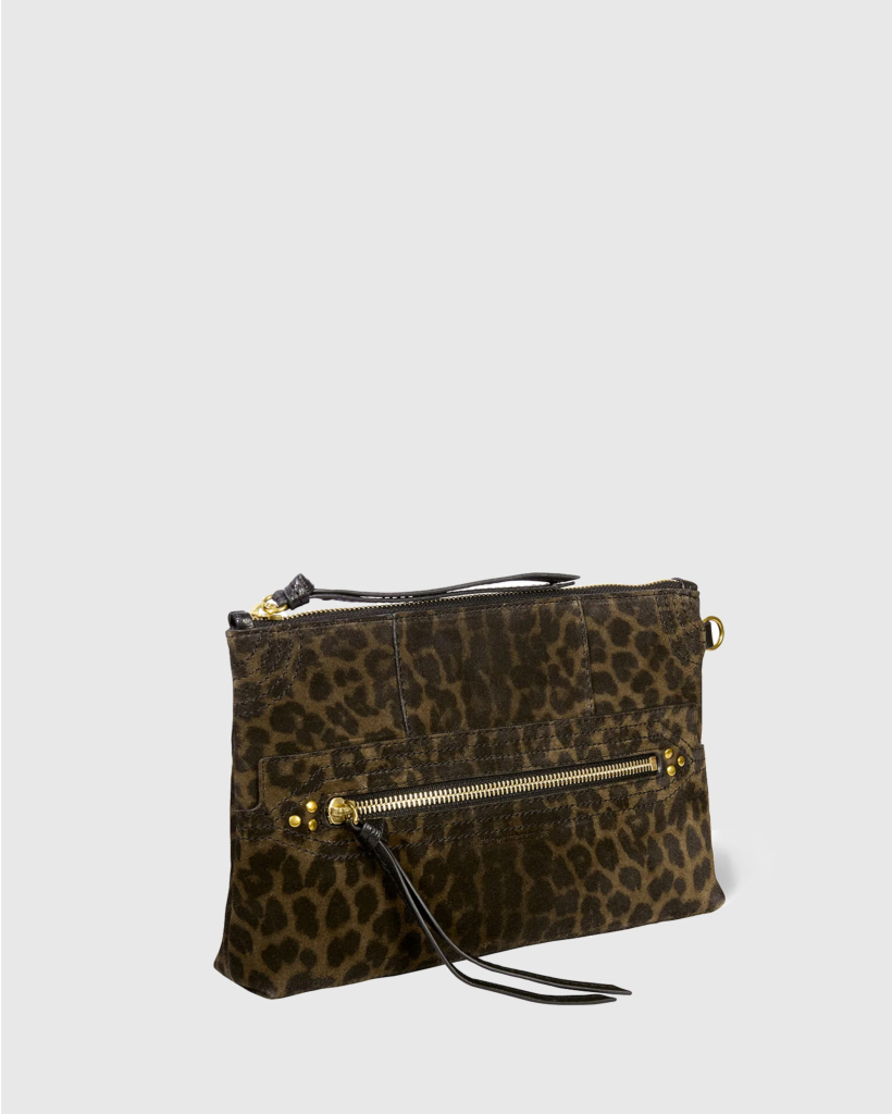 Lucky Clutch Imprimé Léopard kaki Split Suede