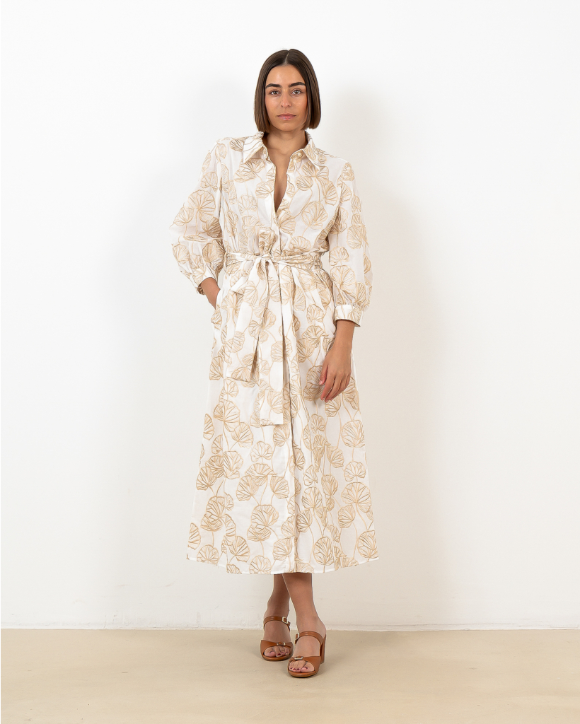 Lange Jurk Korte Mouw Met Ceintuur En Bloemen Print Wit Goud 