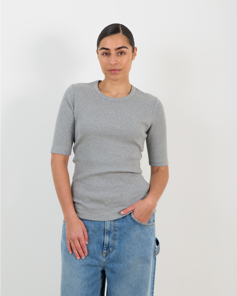 Rib T-shirt met Halflange Mouw Grijs