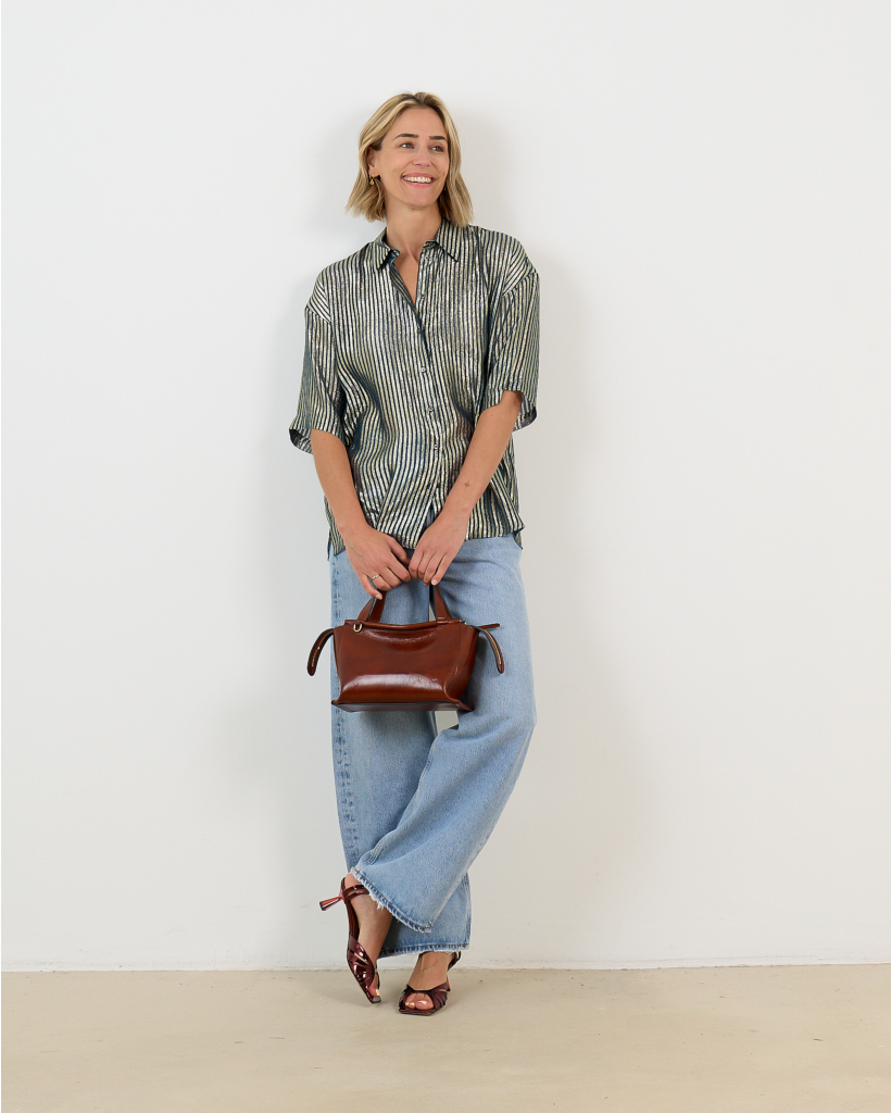 Gestreepte Zijden Shirt Navy Goud