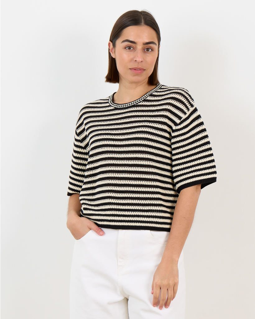 Gehaakt T-Shirt Zwart/ Wit Gestreept 