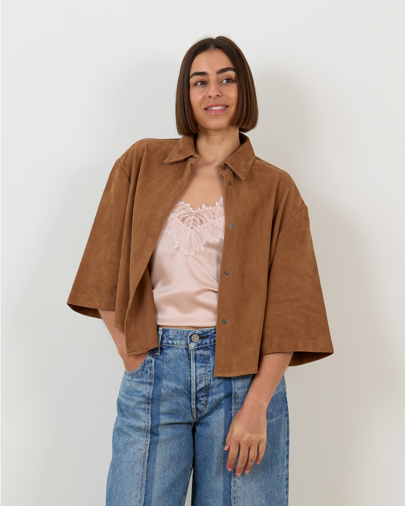 Mila Suede Blouse met Korte Mouwen Bruin