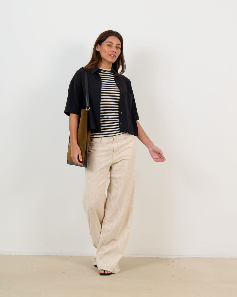 Gestreept T-shirt van Linnenmix Navy/Ecru