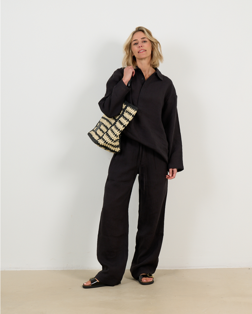 Eased Linnen Wide Leg Broek Zwart