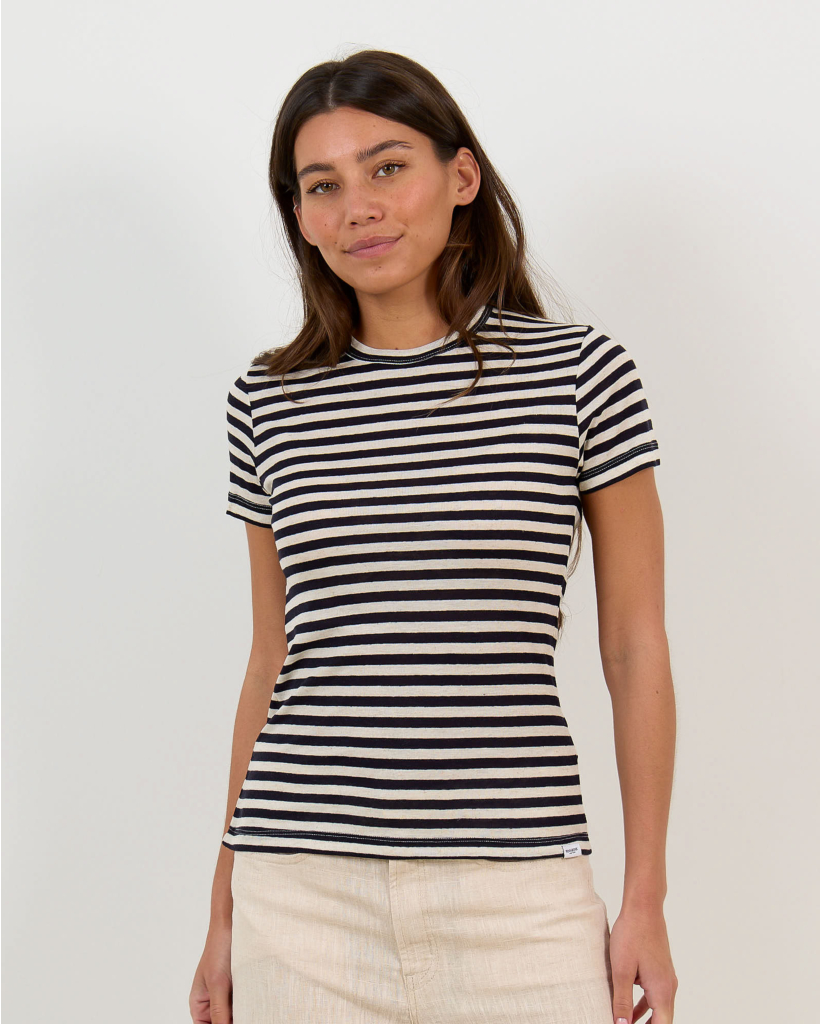 Gestreept T-shirt van Linnenmix Navy/Ecru
