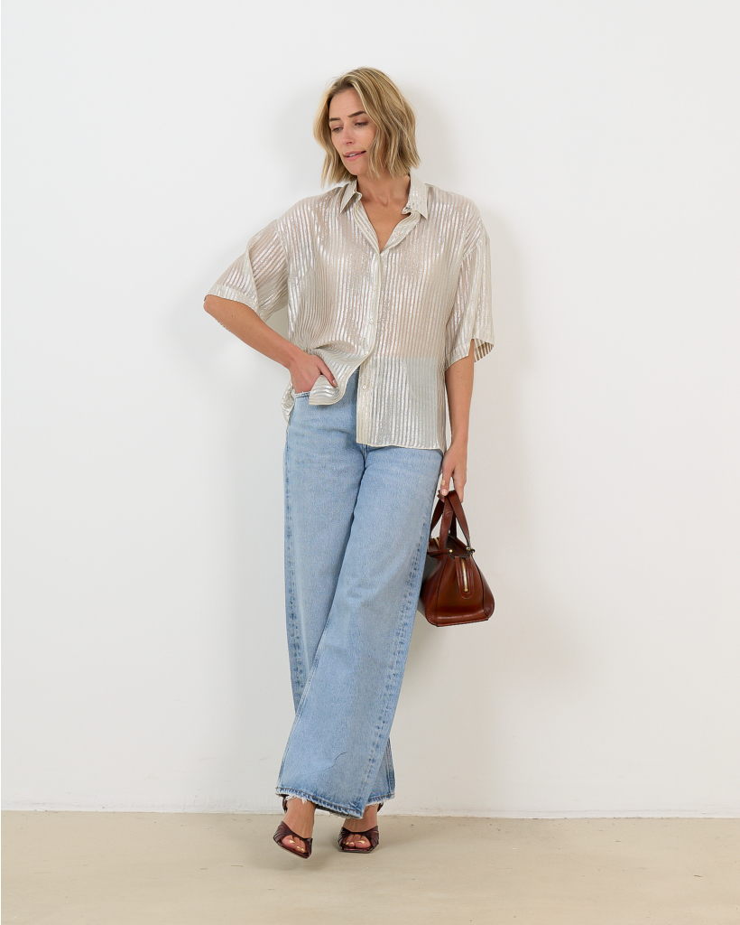 Gestreepte Zijden Shirt Off-White